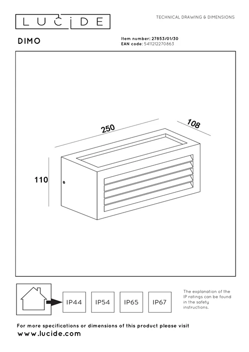 Lucide DIMO - Wandleuchte Innen/Außen - 1xE27 - IP54 - Anthrazit - technisch